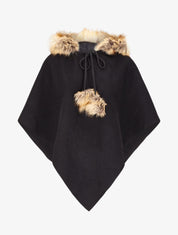 Poncho en V à capuche et détail fausse fourrure - Noir - 4