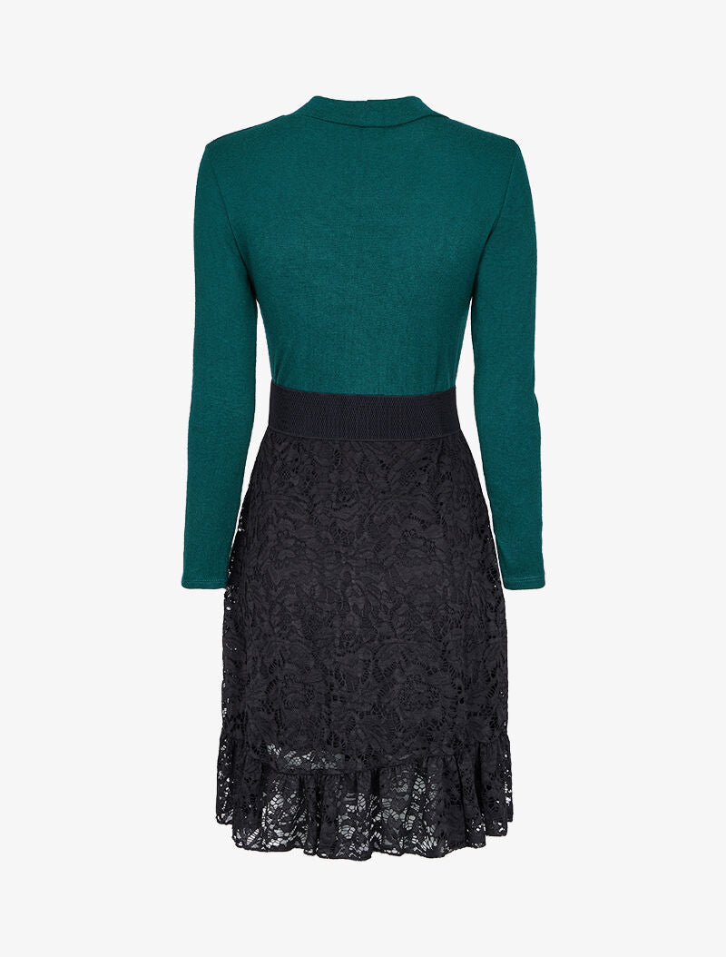 Robe pull en maille fine et dentelle - Vert - 2