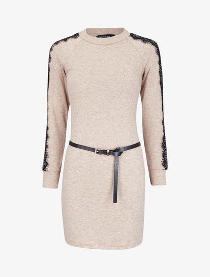 Robe pull à manches en dentelle - Beige - 1