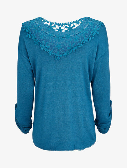 Pull à dos long en crochet - Bleu charrette - 2