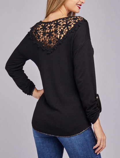 Pull à dos long en crochet - Noir - 4