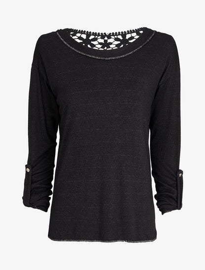 Pull à dos long en crochet - Noir - 1