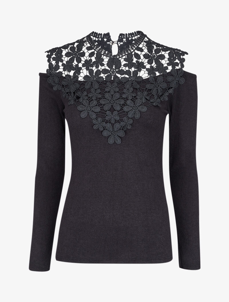 Pull à épaules dénudées et plastron dentelle - Noir - 1