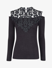 Pull à épaules dénudées et plastron dentelle - Noir - 1
