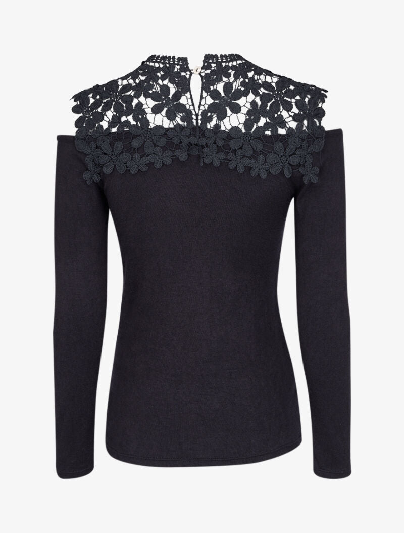 Pull à épaules dénudées et plastron dentelle - Noir - 2