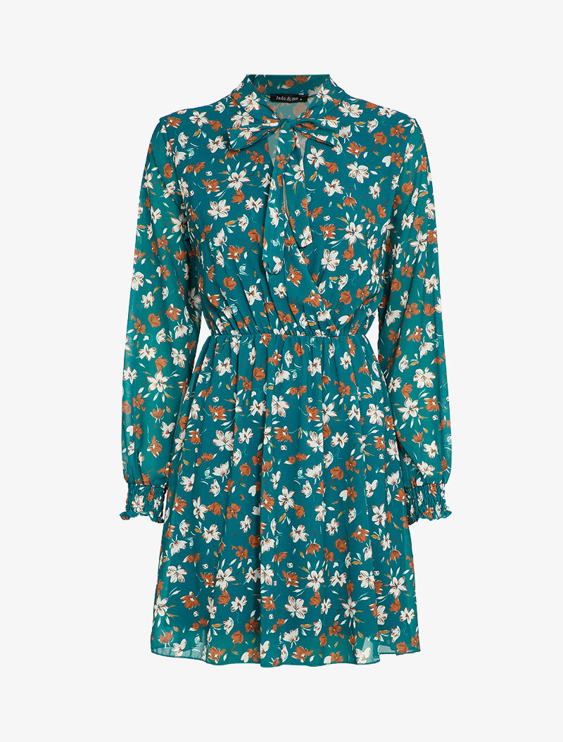 Robe imprimé fleur de lys à col lavallière - Bleu canard - 1