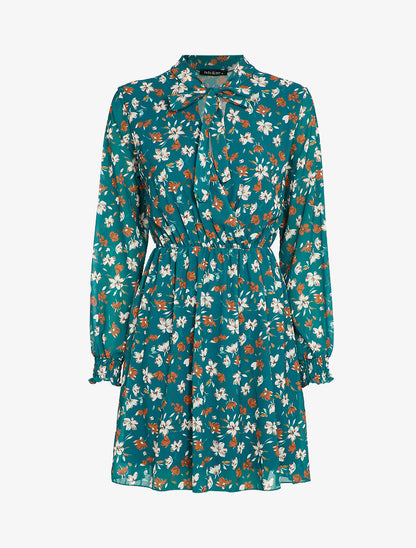 Robe imprimé fleur de lys à col lavallière - Bleu canard - 1