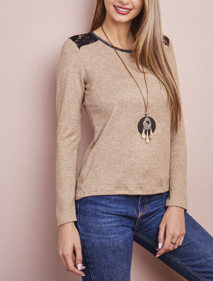 Pull à épaules en dentelle - Beige - 5