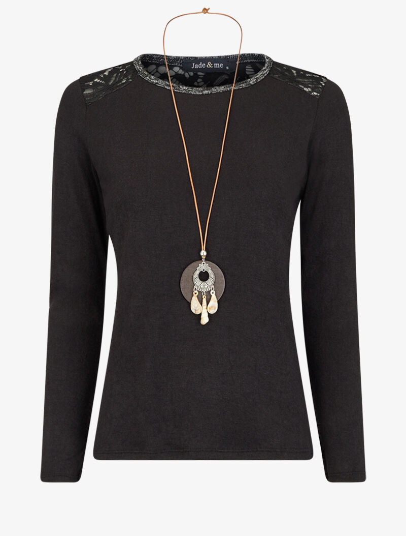 Pull à épaules en dentelle - Noir - 2