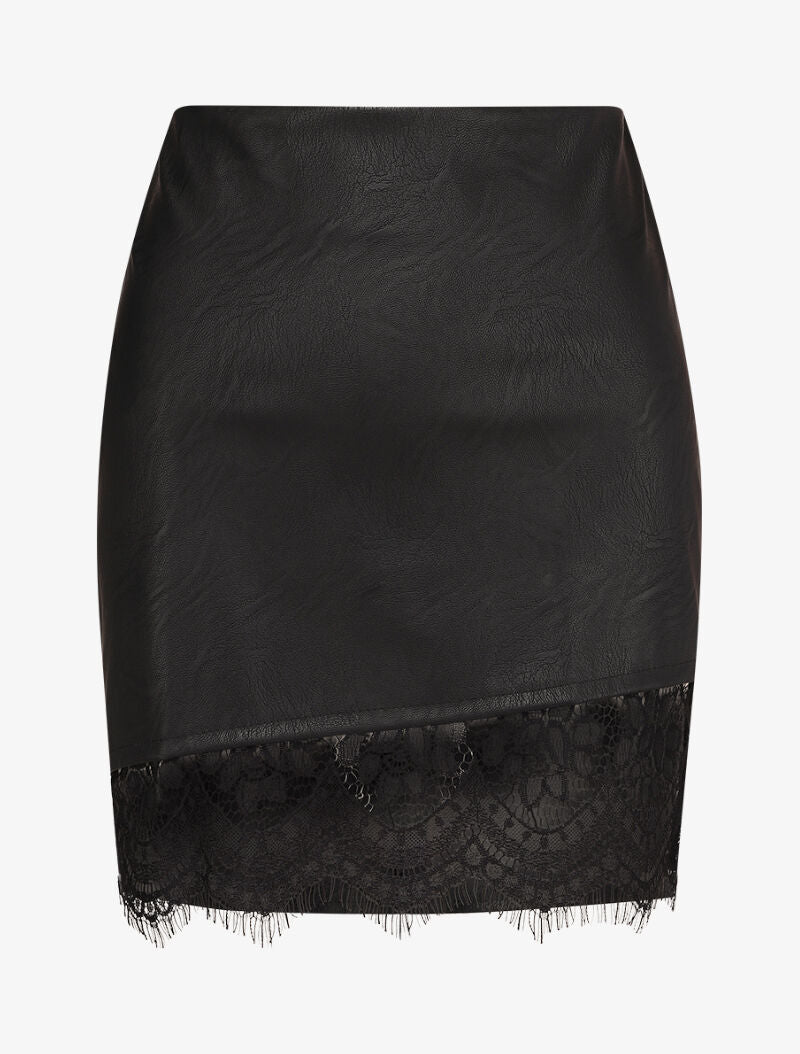 Mini jupe en simili à bord asymétrique en dentelle - Noir - 4