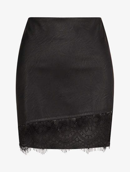 Mini jupe en simili à bord asymétrique en dentelle - Noir - 4