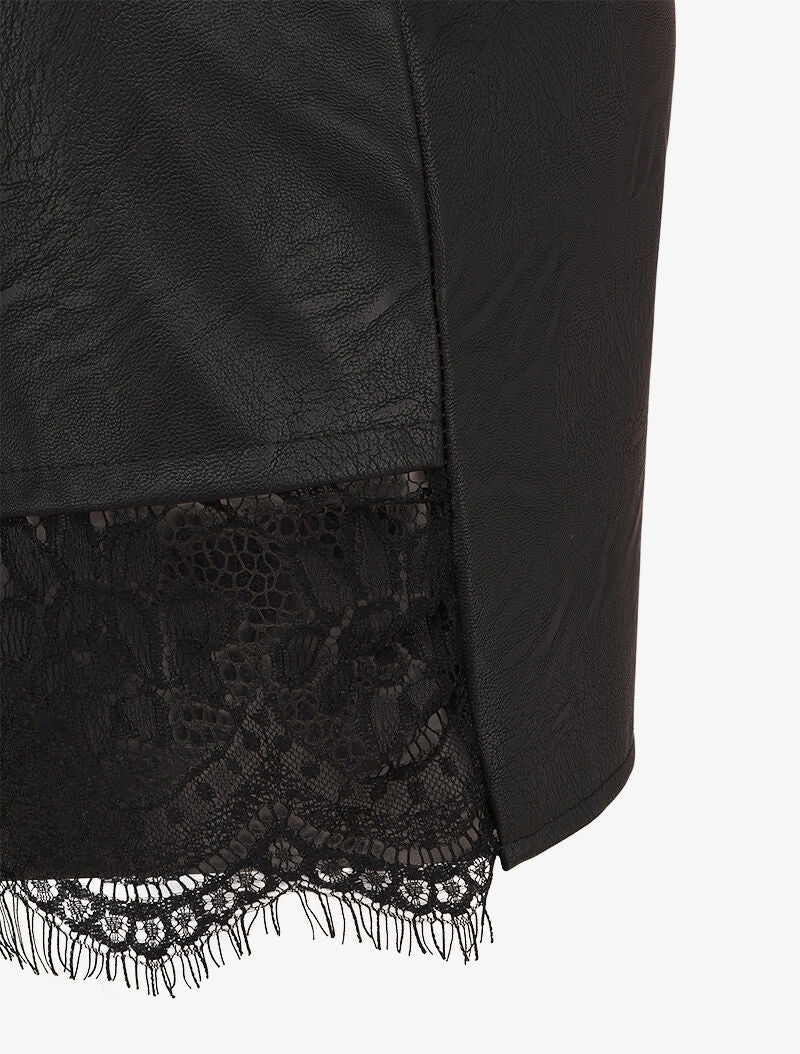Mini jupe en simili à bord asymétrique en dentelle - Noir - 3