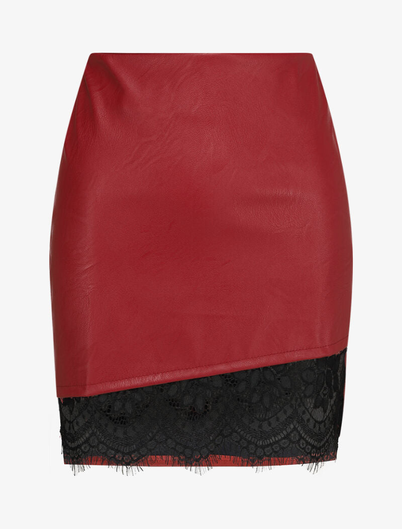 Mini jupe en simili à bord asymétrique en dentelle - Rouge - 1