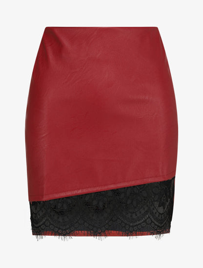Mini jupe en simili à bord asymétrique en dentelle - Rouge - 1