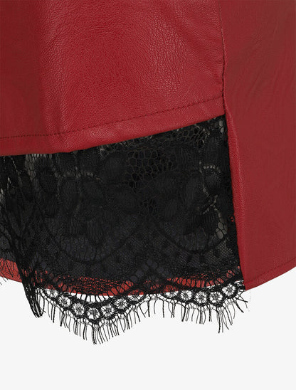 Mini jupe en simili à bord asymétrique en dentelle - Rouge - 3