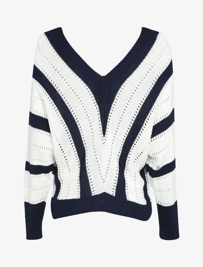 Pull col V à rayures en maille ajourée - Marine - 2