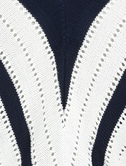 Pull col V à rayures en maille ajourée - Marine - 3
