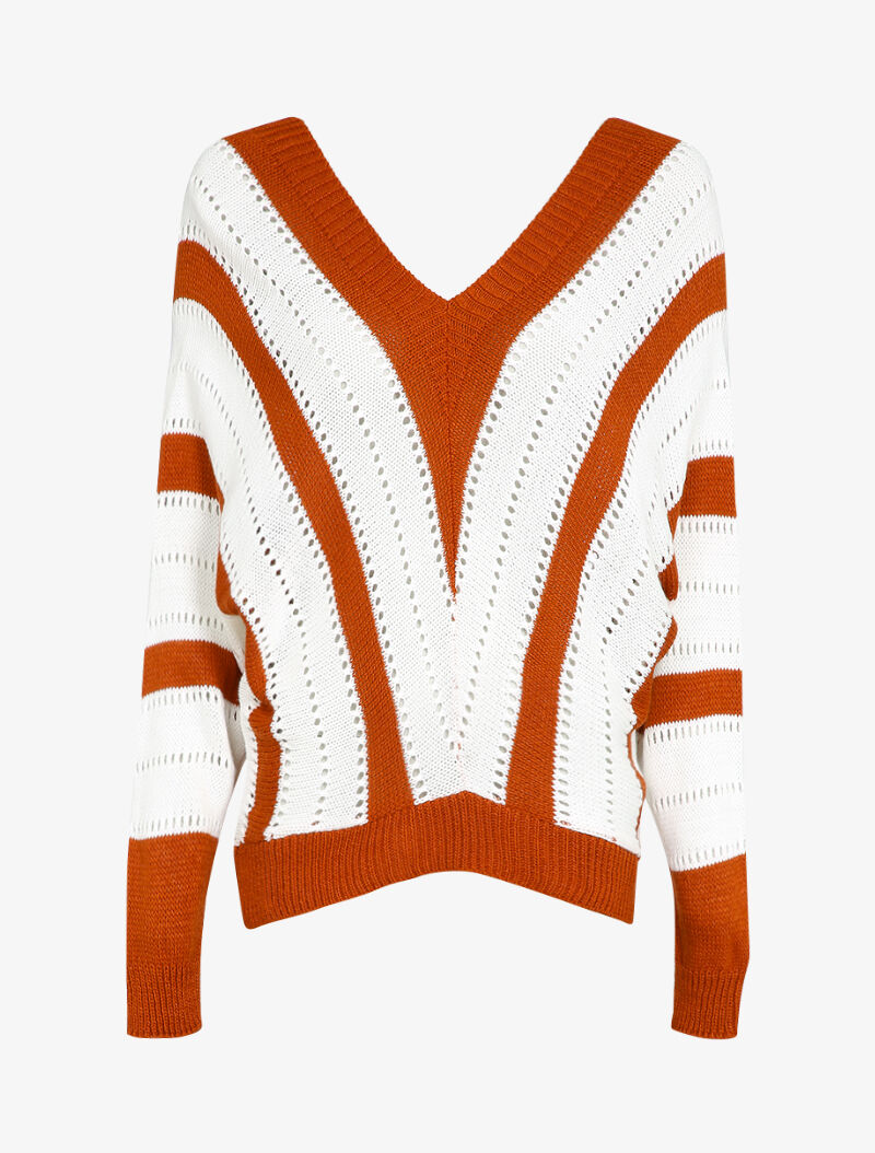 Pull col V à rayures en maille ajourée - Rouille - 1