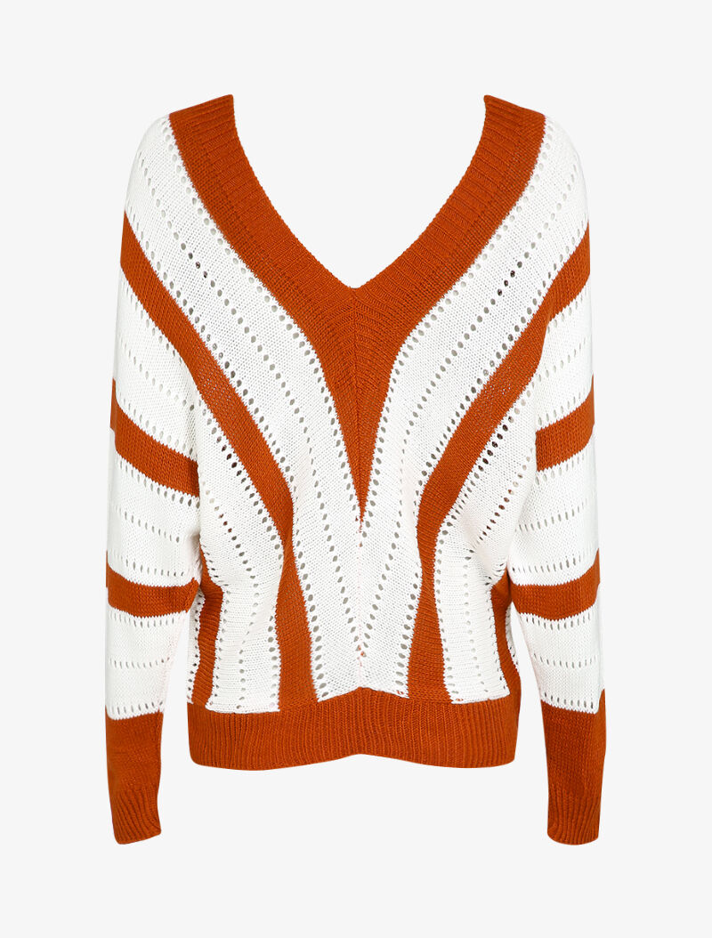 Pull col V à rayures en maille ajourée - Rouille - 2