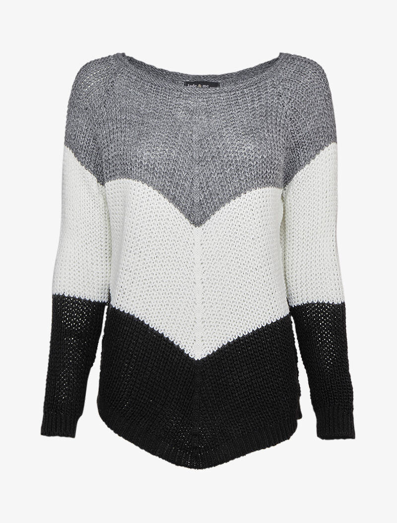 Pull en maille épaisse à motif en V tricolore - Noir - 4