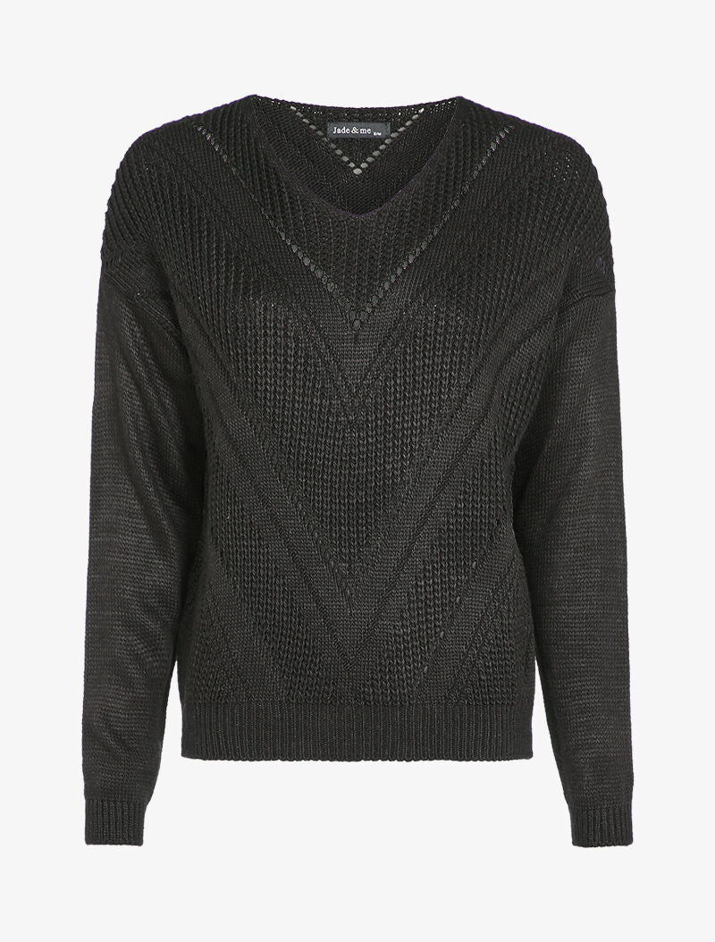 Pull en maille géométrique et col V - Noir - 4
