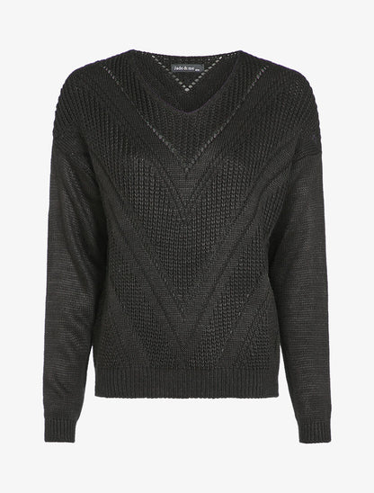 Pull en maille géométrique et col V - Noir - 4