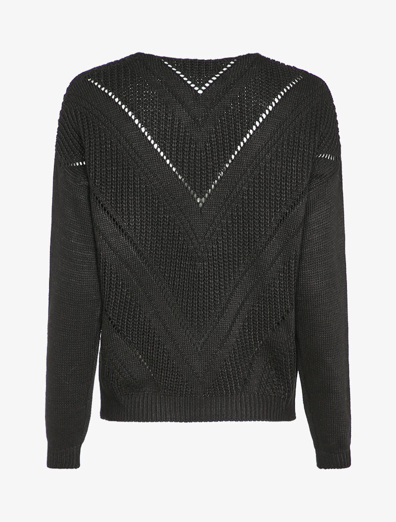 Pull en maille géométrique et col V - Noir - 2
