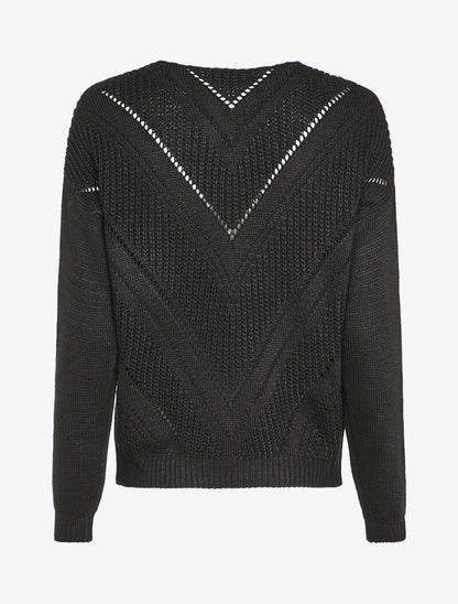 Pull en maille géométrique et col V - Noir - 2