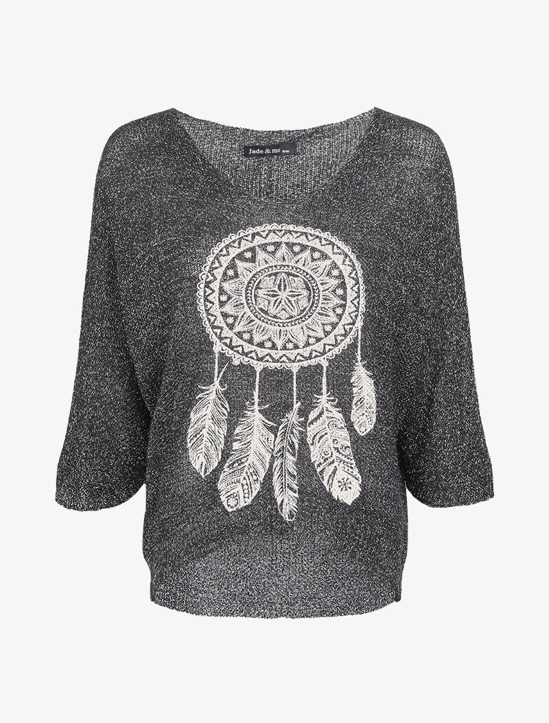 Pull oversize en maille crochet imprimé - Noir - 1