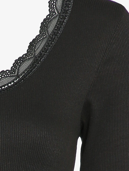 Top côtelé à détails dentelle - Noir - 4