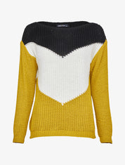 Pull en maille épaisse à motif en V tricolore et col bateau - Moutarde - 4