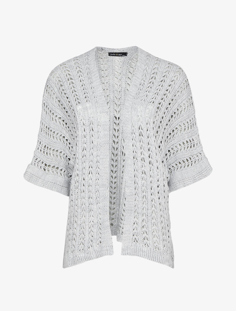 Gilet en maille ajourée à manches courtes style kimono - Gris clair - 1
