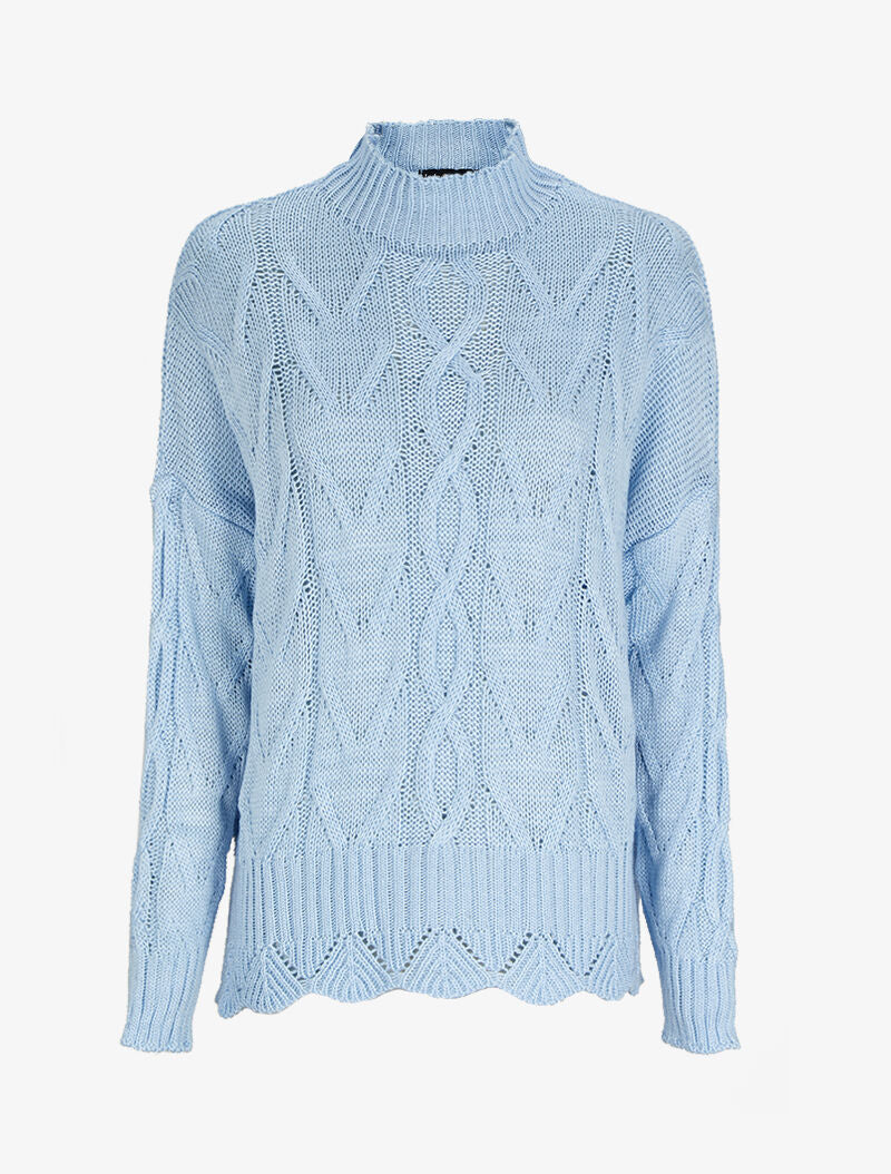 Pull loose en maille tressée à col montant - Bleu ciel - 1