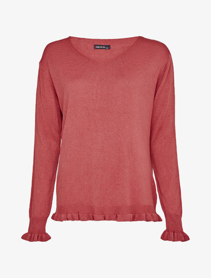 Pull à manches et bords volantés - Rose foncé - 1