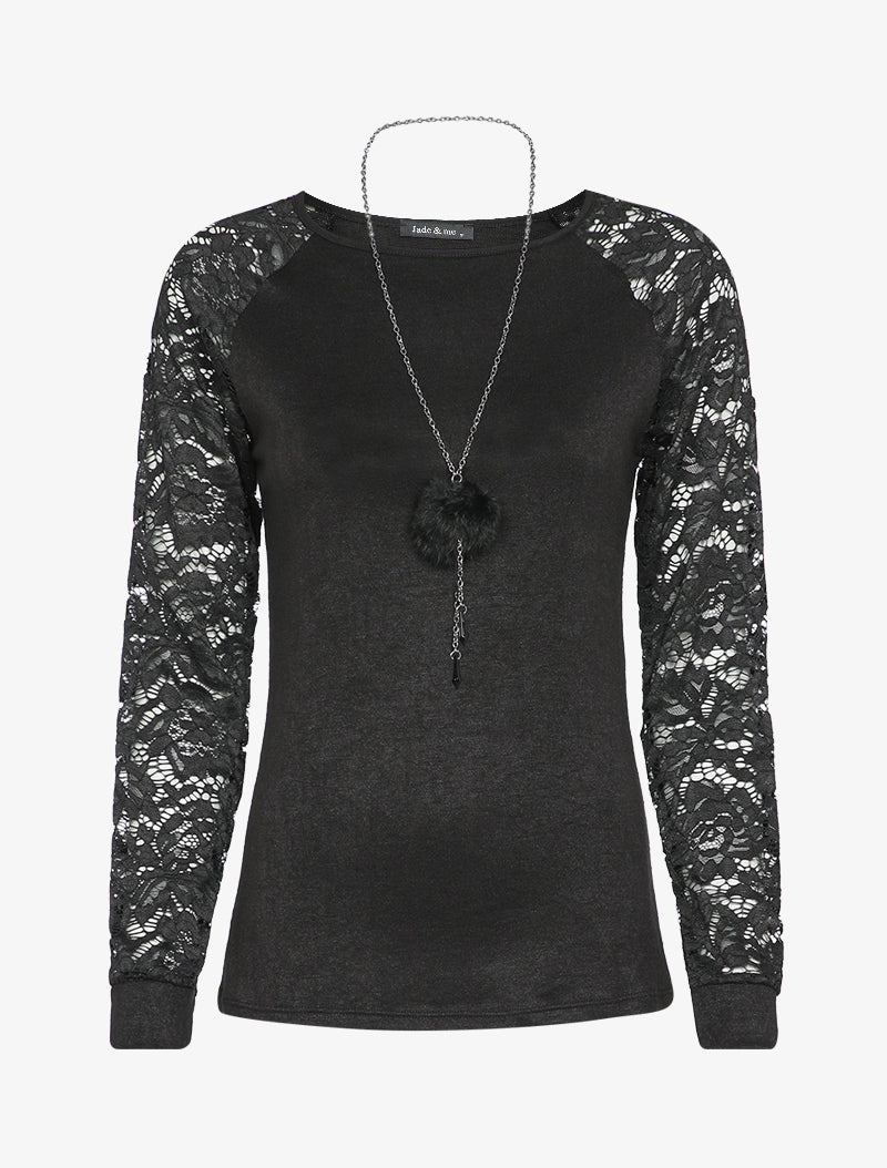 Pull à manches raglan en dentelle - Noir - 1