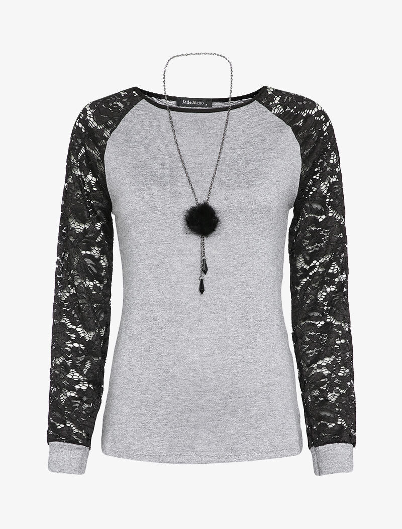 Pull à manches raglan en dentelle - Gris clair - 1