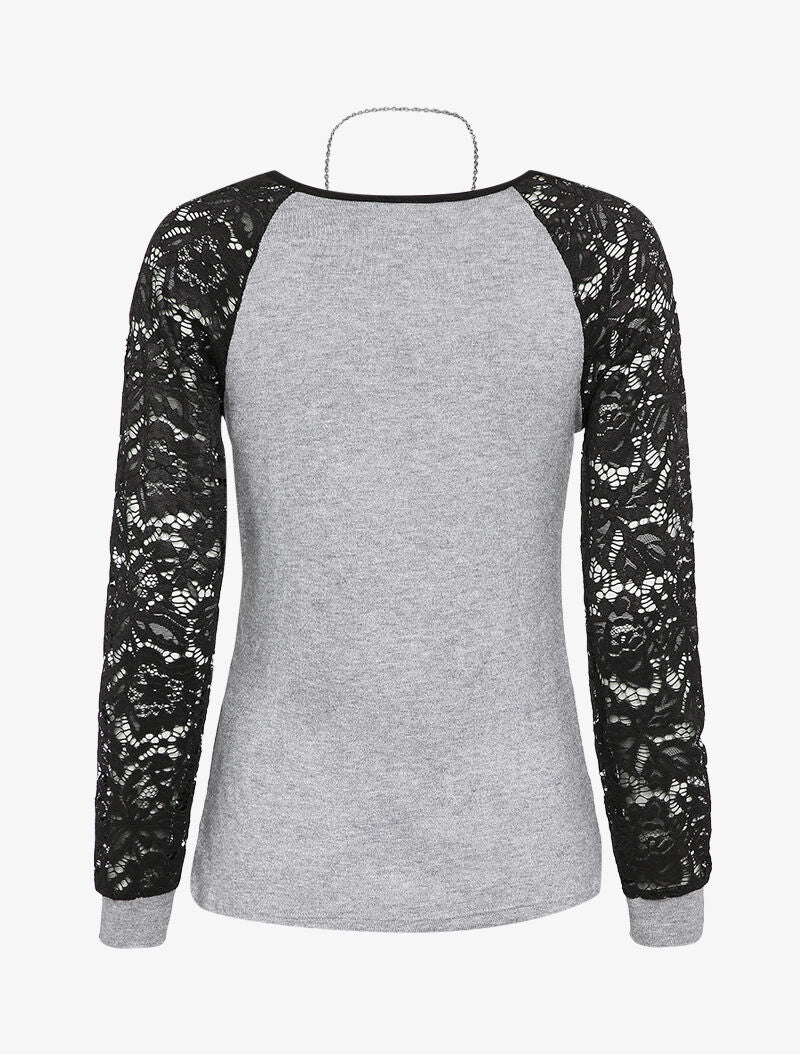 Pull à manches raglan en dentelle - Gris clair - 2