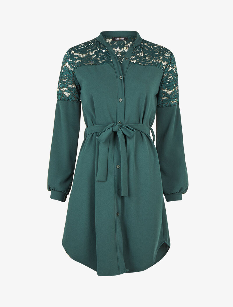 Robe boutonnée à col mao et épaules à dentelle - Vert sapin - 6