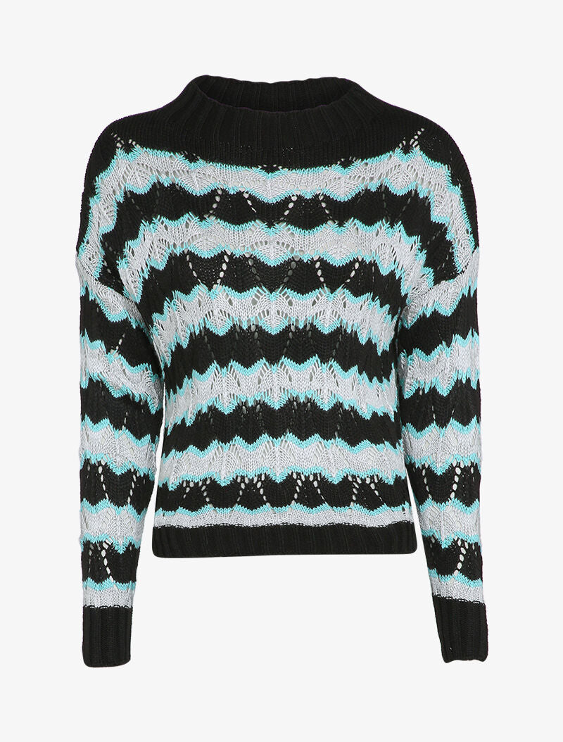 Pull en maille à rayures stylisées et col montant - Noir - 1