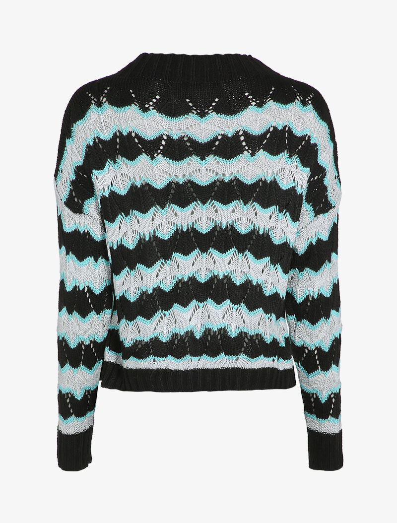 Pull en maille à rayures stylisées et col montant - Noir - 2