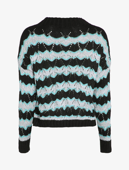 Pull en maille à rayures stylisées et col montant - Noir - 2