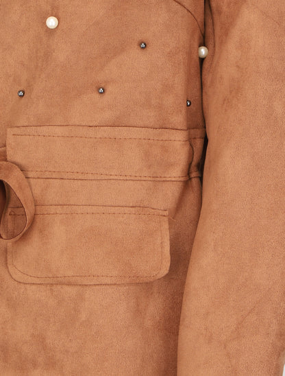 Veste en suédine à perles et liens à nouer - Camel - 3