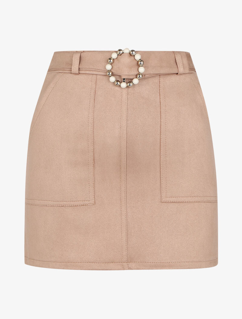 Jupe trapèze en suédine à boucle ronde stylisée - Beige - 1