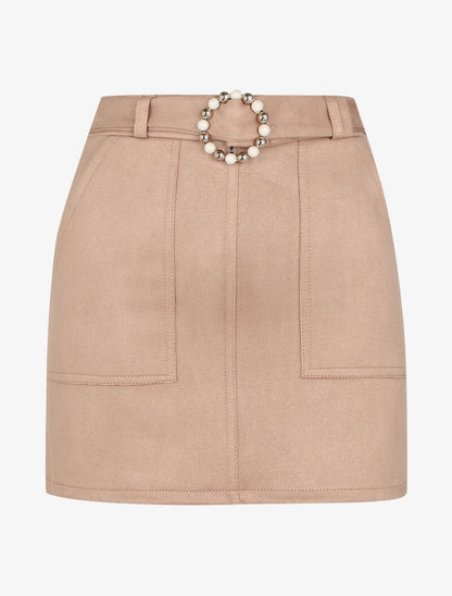 Jupe trapèze en suédine à boucle ronde stylisée - Beige - 1