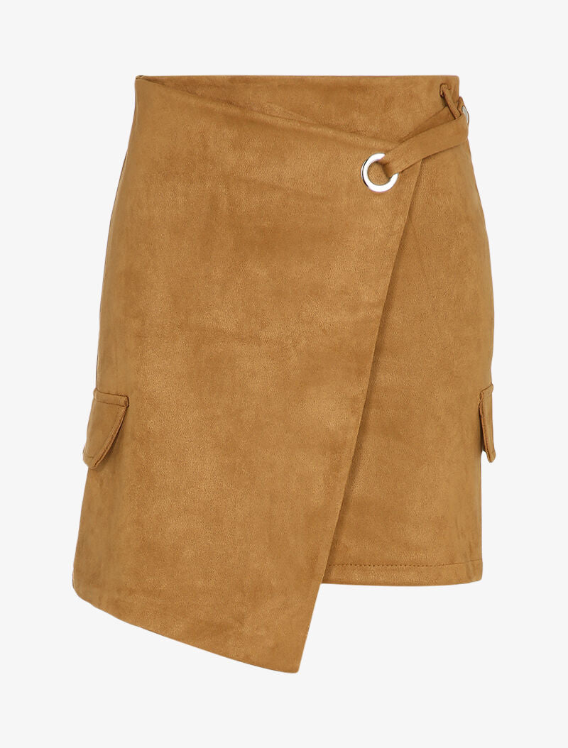 Jupe en suédine à pans asymétriques style portefeuille - Camel - 4
