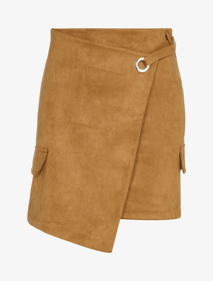 Jupe en suédine à pans asymétriques style portefeuille - Camel - 4