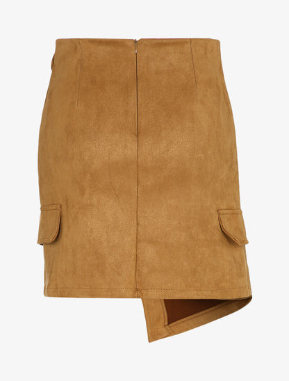 Jupe en suédine à pans asymétriques style portefeuille - Camel - 2