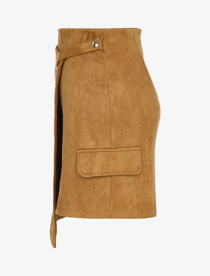 Jupe en suédine à pans asymétriques style portefeuille - Camel - 3