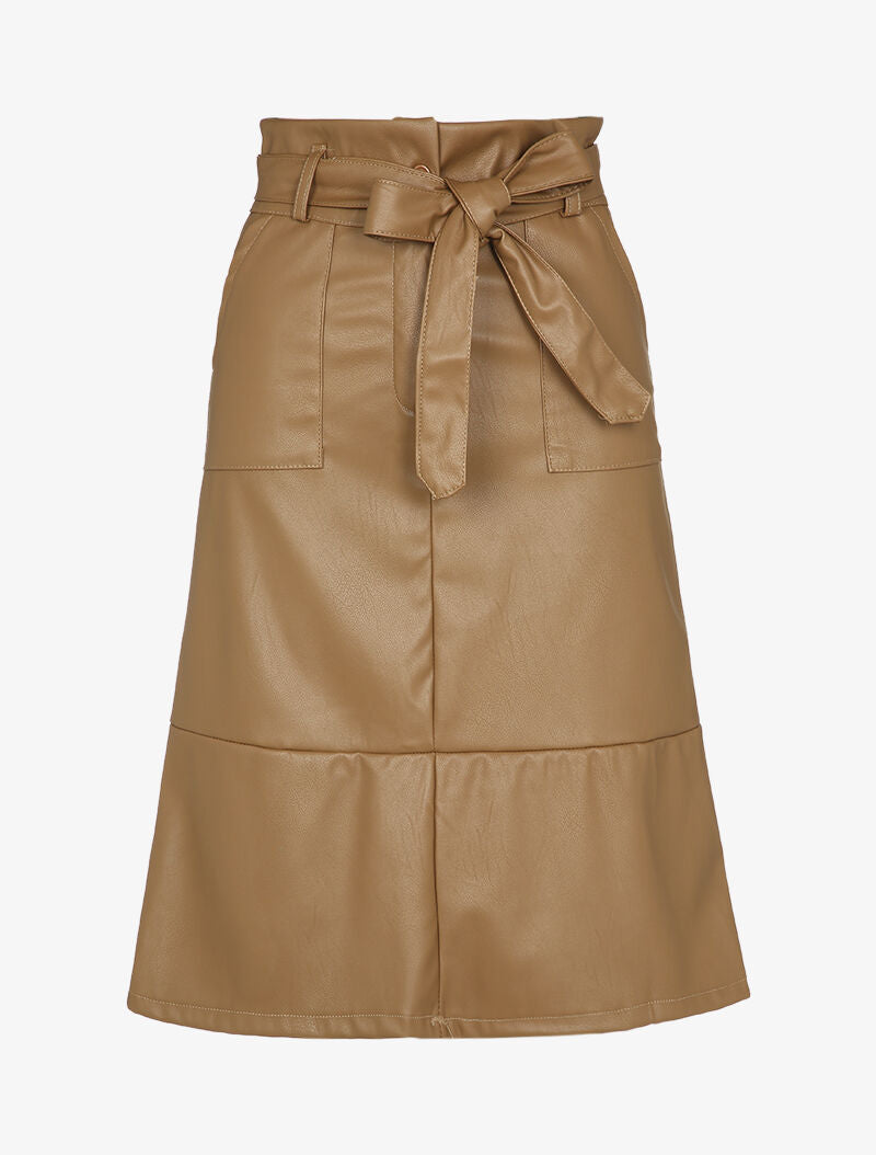 Jupe midi coupe trapèze en simili - Camel - 1