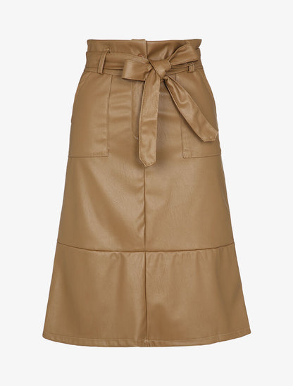 Jupe midi coupe trapèze en simili - Camel - 1